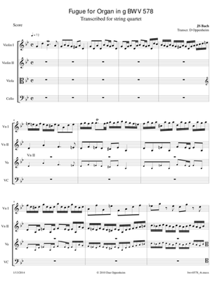 Book cover for Bach: Fugue in g BWV 578 arr. for String Quartet.