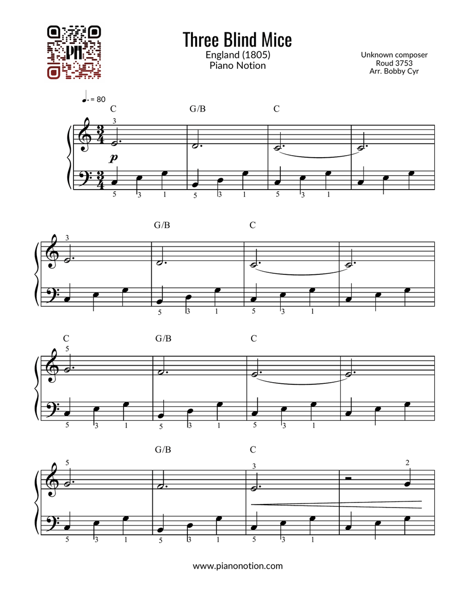 Three Blind Mice - Nursery Rhymes (Easy Piano Solo) Easy Piano scores gallery preview page 1