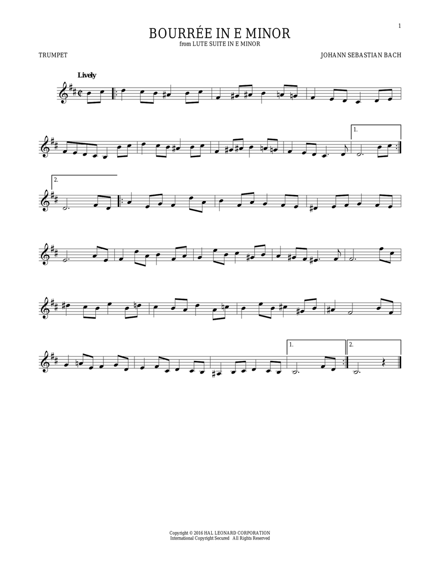 Bourree In E Minor Trumpet Solo scores gallery preview page 1