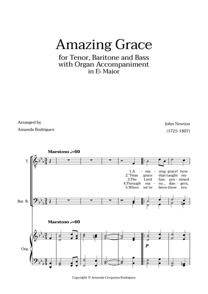 Amazing Grace in Eb Major - Tenor, Bass and Baritone with Organ Accompaniment image number null