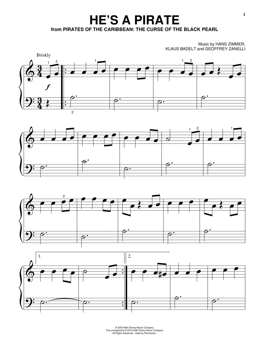 He's A Pirate (from Pirates Of The Caribbean: The Curse of the Black Pearl) Piano Solo scores gallery preview page 1