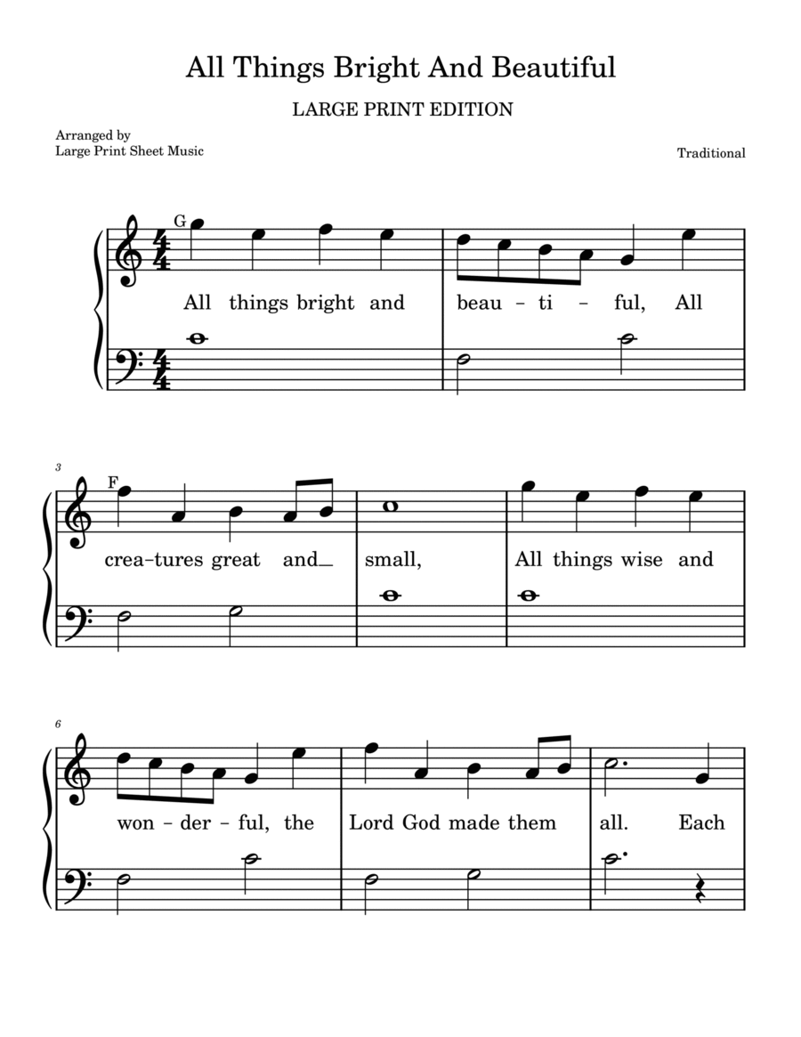 All Things Bright And Beautiful LARGE PRINT Easy Piano Solo