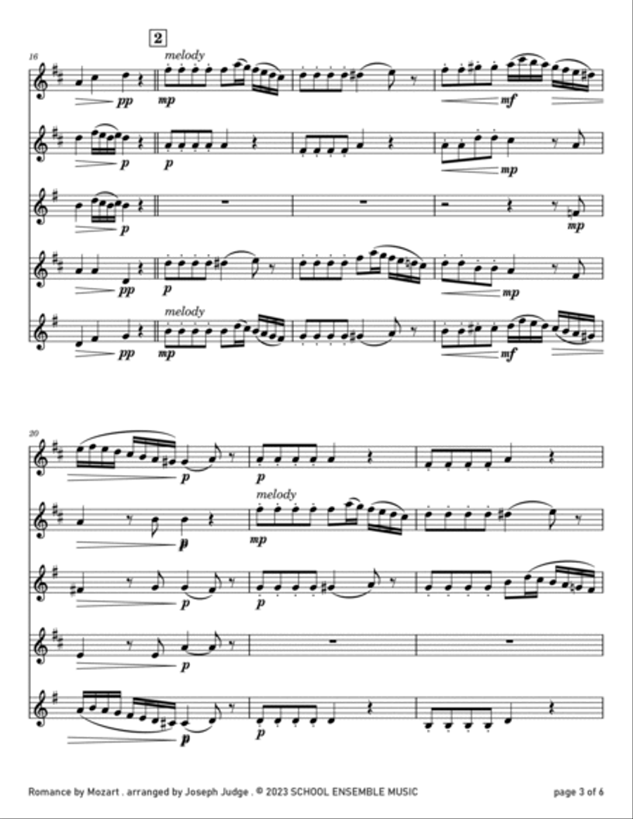 Romance by Mozart for Saxophone Quartet in Schools Saxophone Quartet scores gallery preview page 3