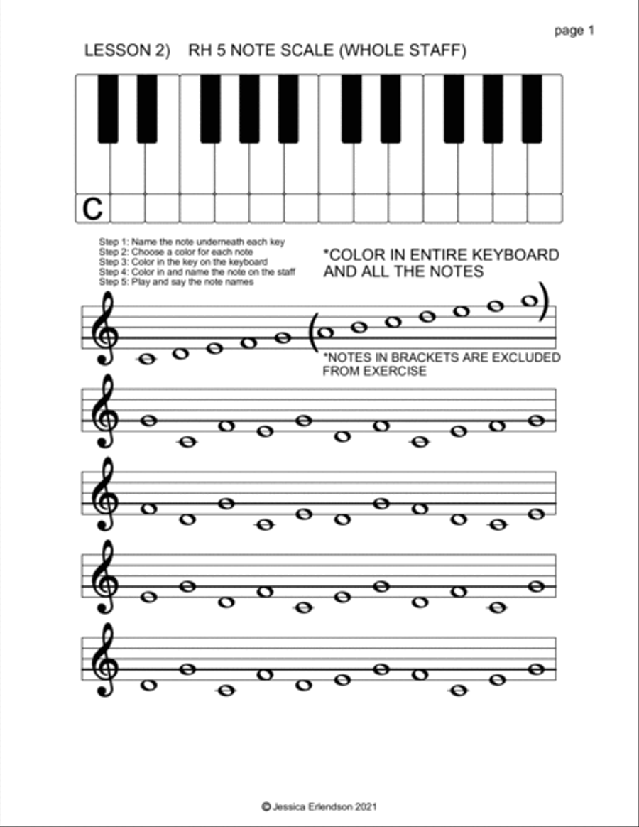 Music Theory Colouring Booklet lesson 2 - the 5 note scale (whole staff) Concert Band scores gallery preview page 2