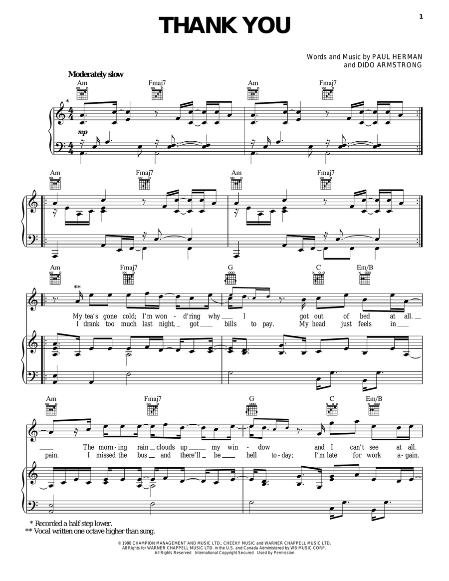 Thank You Piano, Vocal, Guitar scores gallery preview page 1