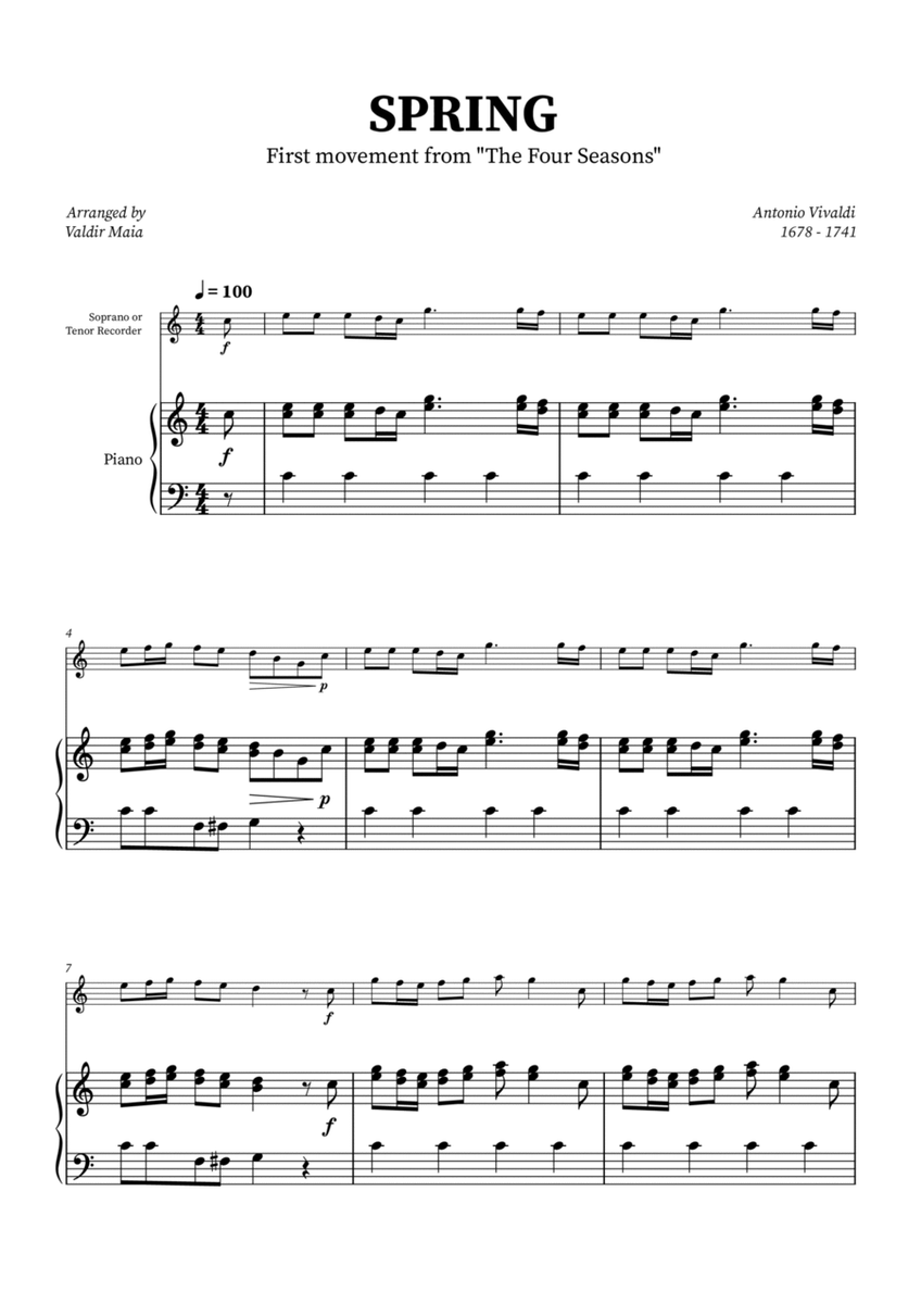 Spring - The Four Seasons for Soprano Recorder with Piano Accompaniment image number null