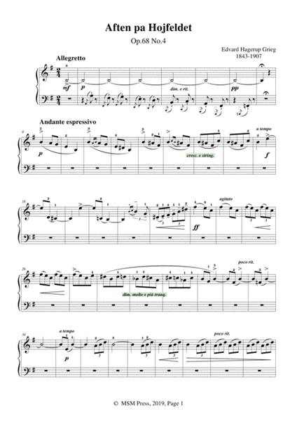 Grieg-Aften pa Hojfeldet Op.68 No.4,for Piano
