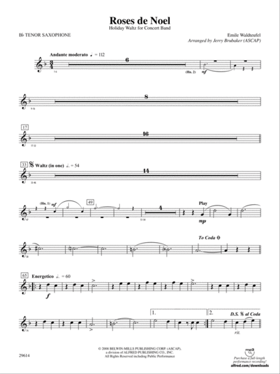 Roses de Noel: B-flat Tenor Saxophone Concert Band scores gallery preview page 1