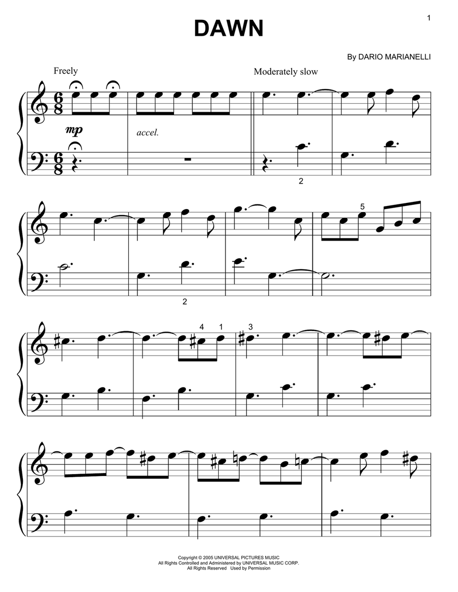 Dawn (from Pride And Prejudice) Easy Piano scores gallery preview page 1