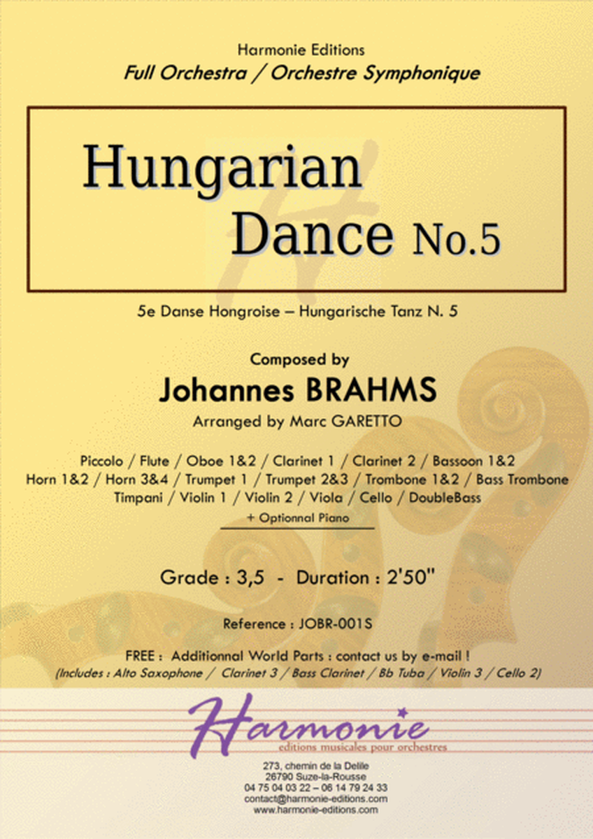 Hungarian Dance No. 5 - J. BRAHMS - arranged for Full Orchestra by Marc Garetto image number null