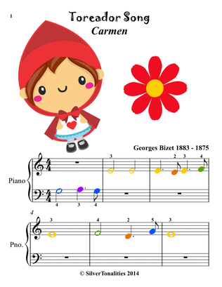 Toreador Song Carmen Beginner Piano Sheet Music with Colored Notes