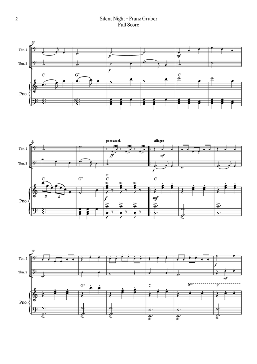 Silent Night for Trombone Duet with Piano Trombone Duet scores gallery preview page 2