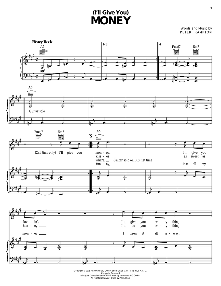 (I'll Give You) Money Piano, Vocal, Guitar scores gallery preview page 1