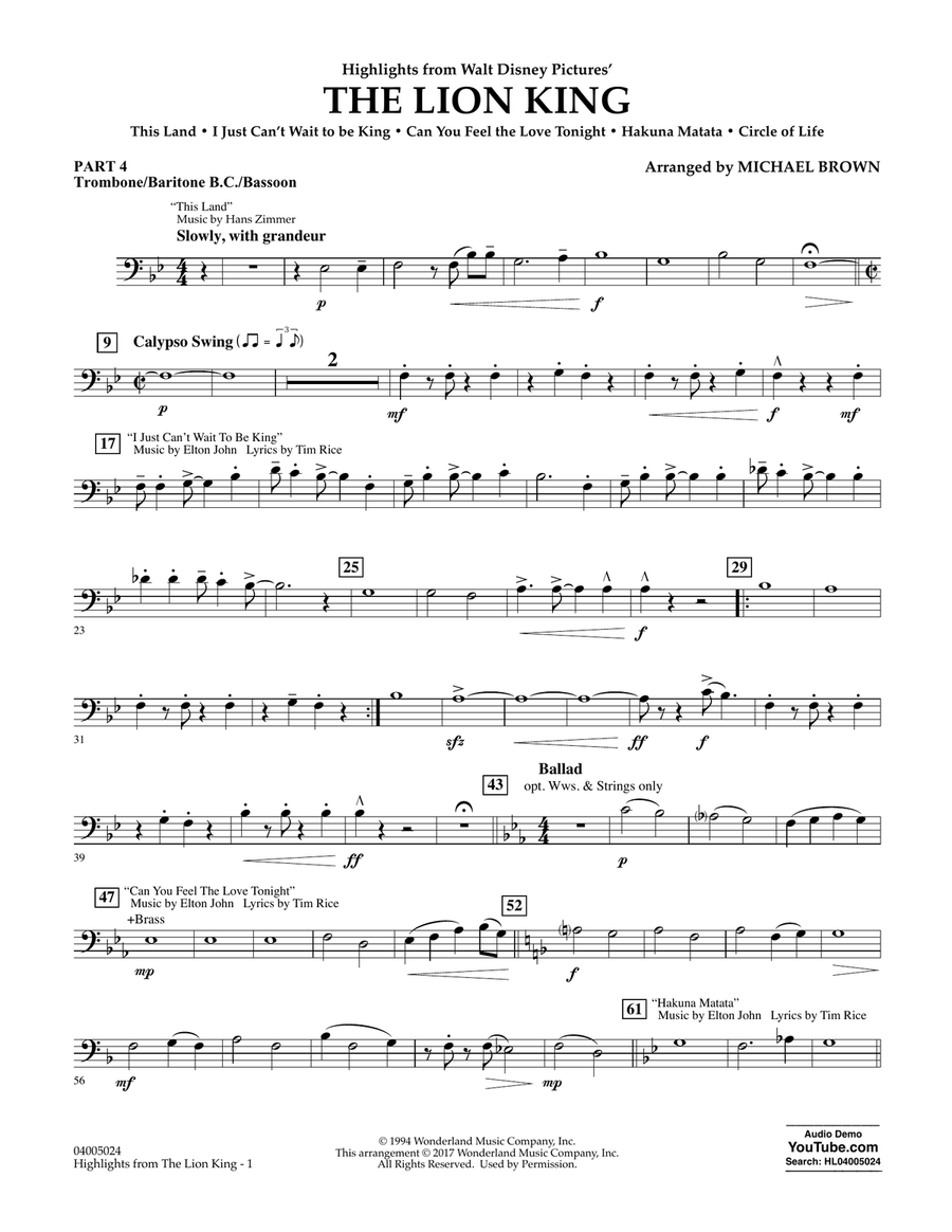 Highlights from The Lion King - Pt.4 - Trombone/Bar. B.C./Bsn.