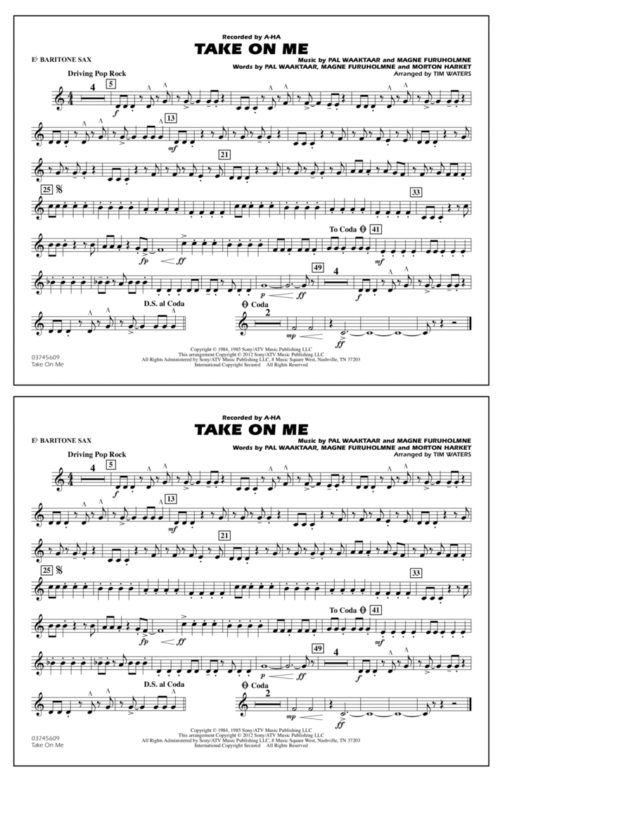 Take On Me - Eb Baritone Sax