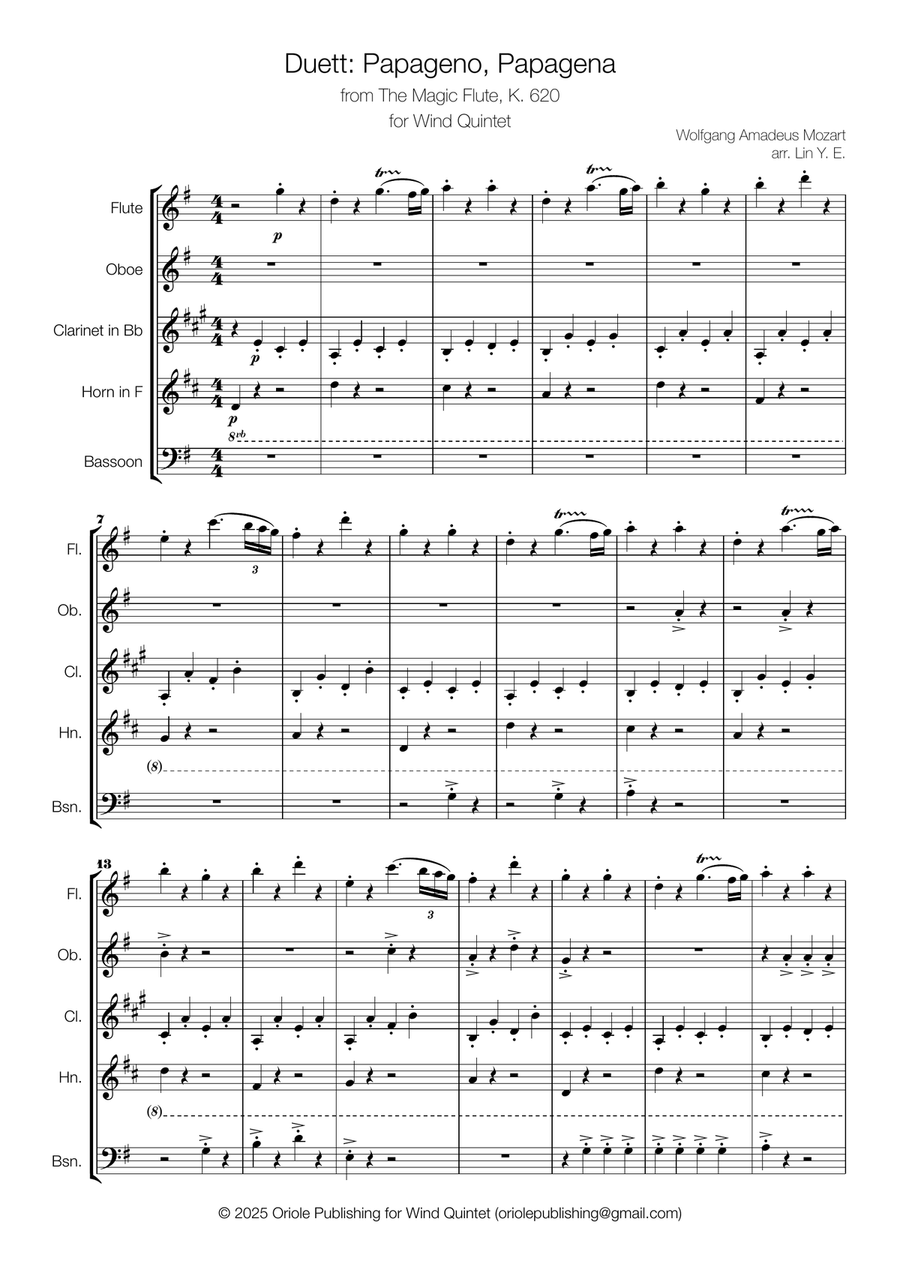 Mozart - Duett Papageno, Papagena - for Wind Quintet Small Ensemble scores gallery preview page 2