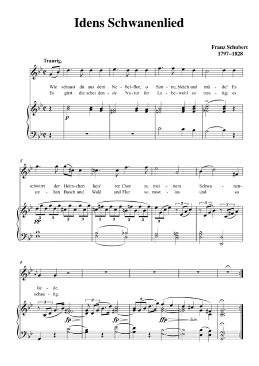 Schubert-Idens Schwanenlied in g minor,for Vocal and Piano Voice scores gallery preview page 2