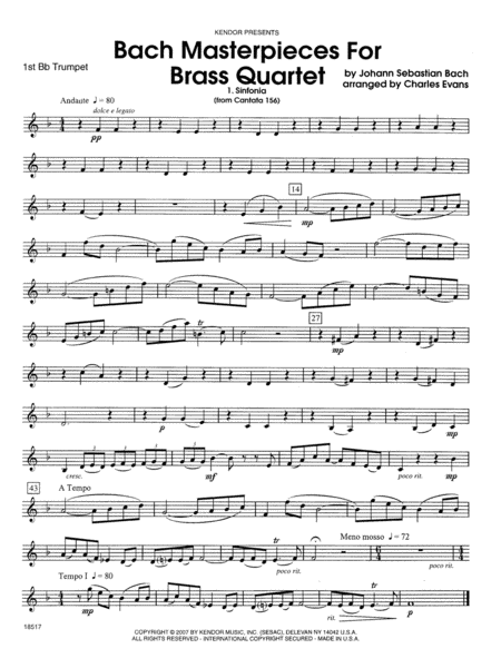 Bach Masterpieces For Brass Quartet - 1st Bb Trumpet