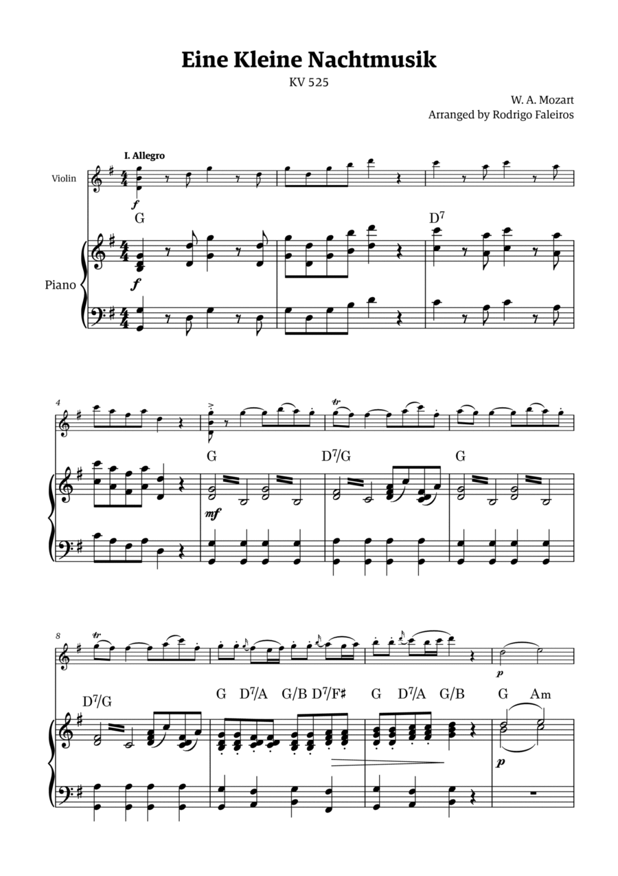 Eine Kleine Nachtmusik (for solo violin with piano accompaniment) Violin Solo scores gallery preview page 1