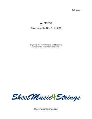 Book cover for Mozart, W.A. - Divertimento No. 3, KV. 229 for 2 Violins and Cello