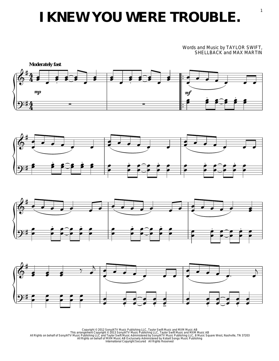 I Knew You Were Trouble Piano Solo scores gallery preview page 1