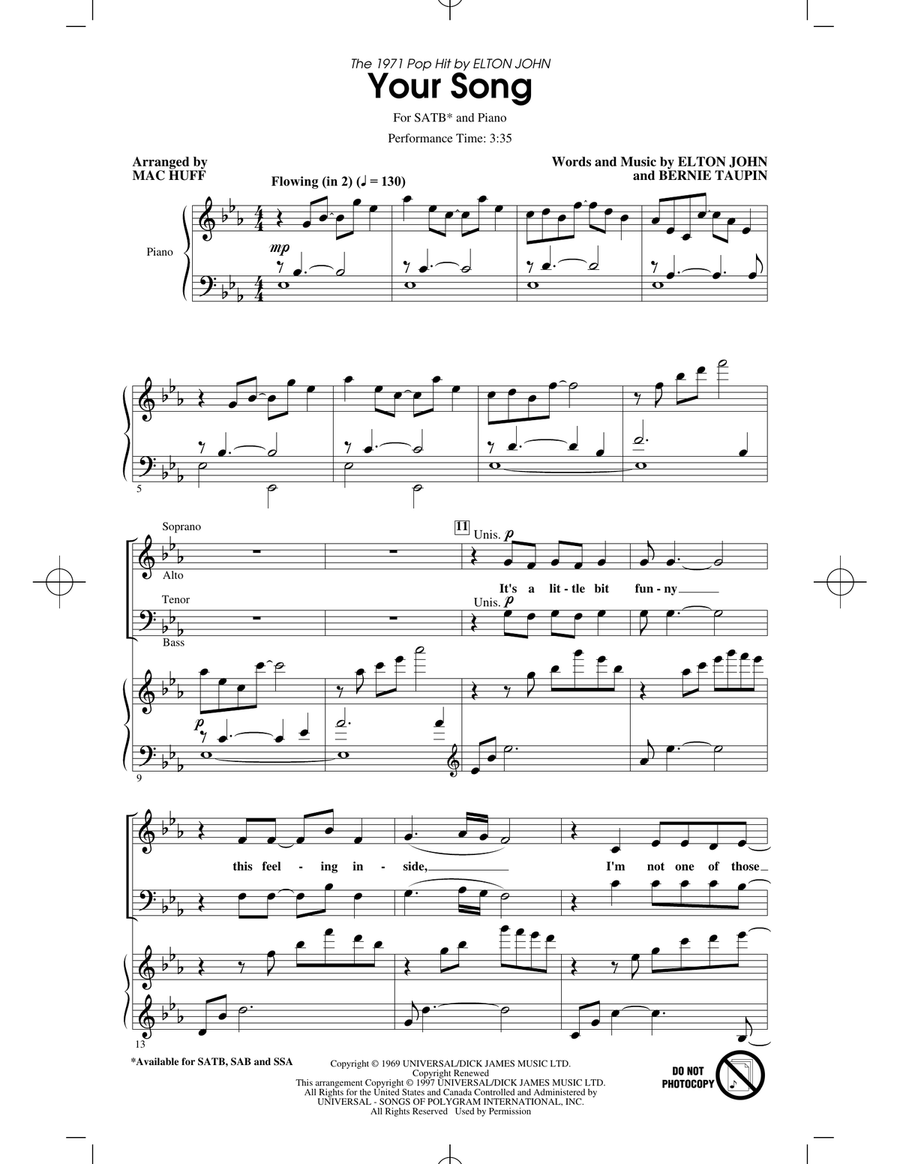 Your Song (arr. Mac Huff) 4-Part scores gallery preview page 1