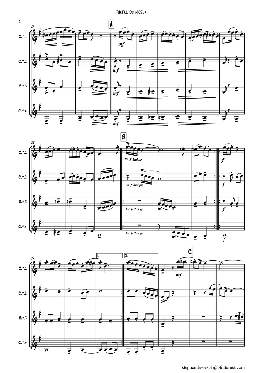 'That'll Do Nicely!' Clarinet Quartet by Stephen Davies. Clarinet Quartet scores gallery preview page 2