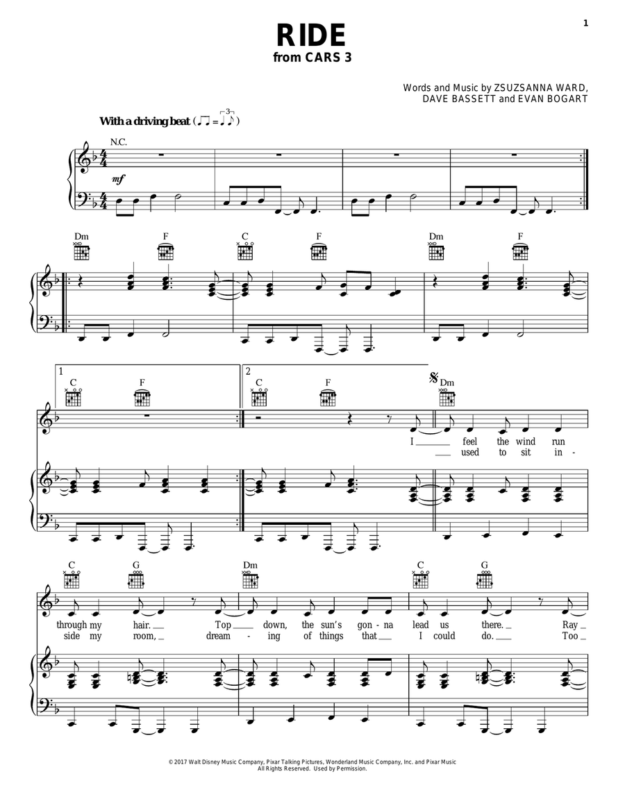 Ride (from Cars 3) Piano, Vocal, Guitar scores gallery preview page 1