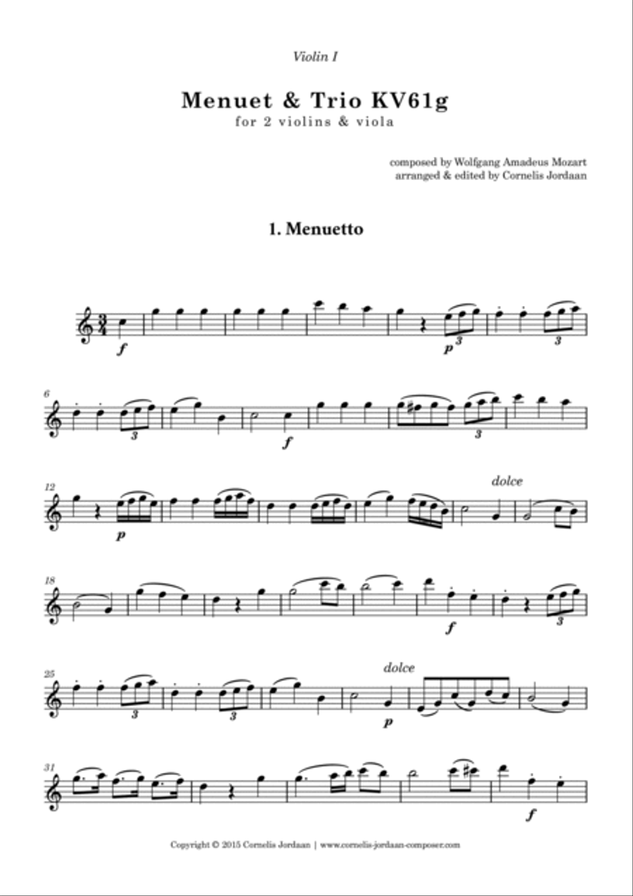 Mozart Minuet & Trio KV61g, for 2 violins & viola