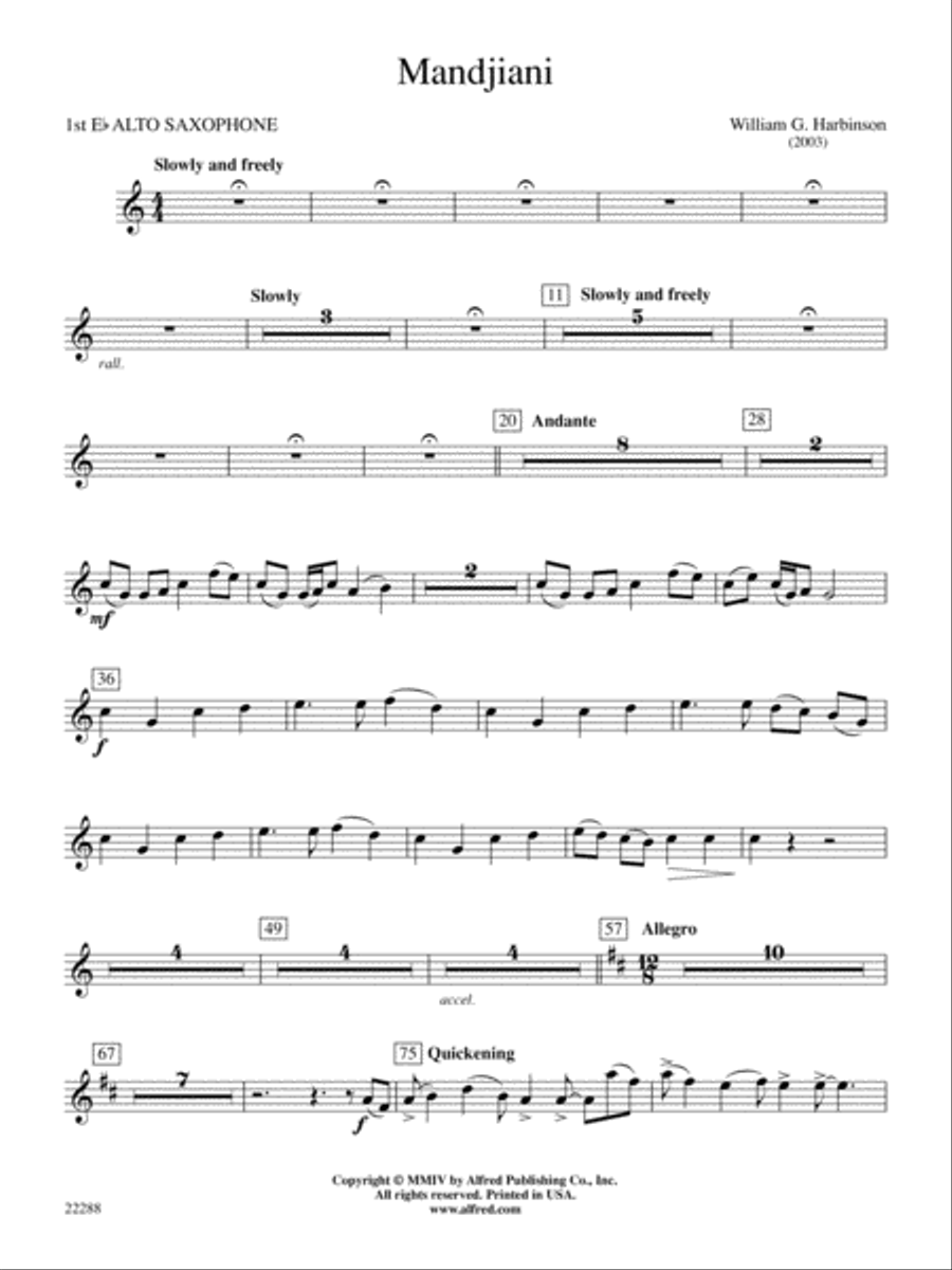 Mandjiani: E-flat Alto Saxophone Concert Band scores gallery preview page 1