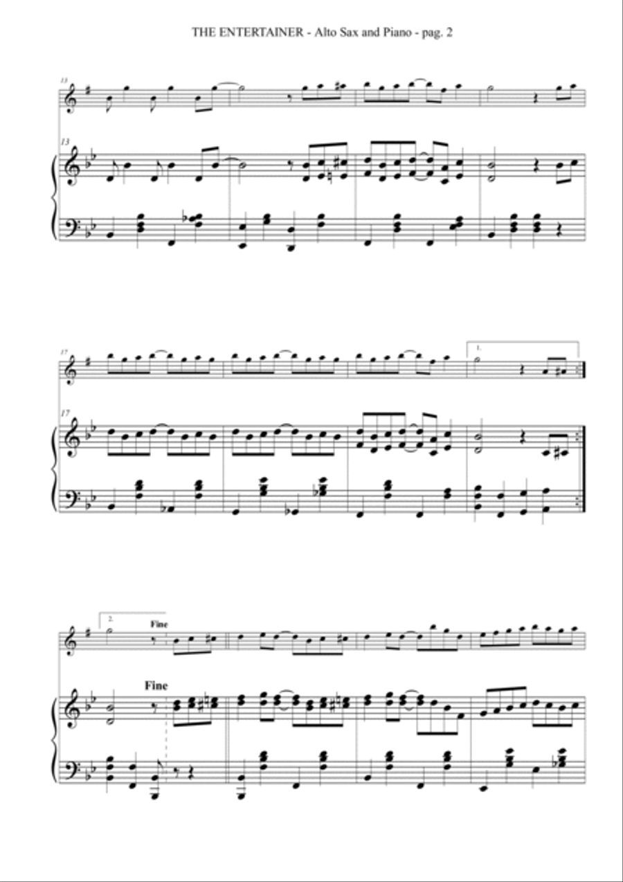 THE ENTERTAINER (a ragtime two-step) - easy version for Alto Sax and Piano Alto Saxophone scores gallery preview page 2