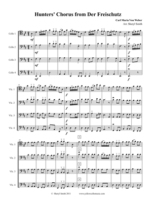 Hunters' Chorus from Der Freischutz arranged for four part cello ensemble or mixed level cello quart