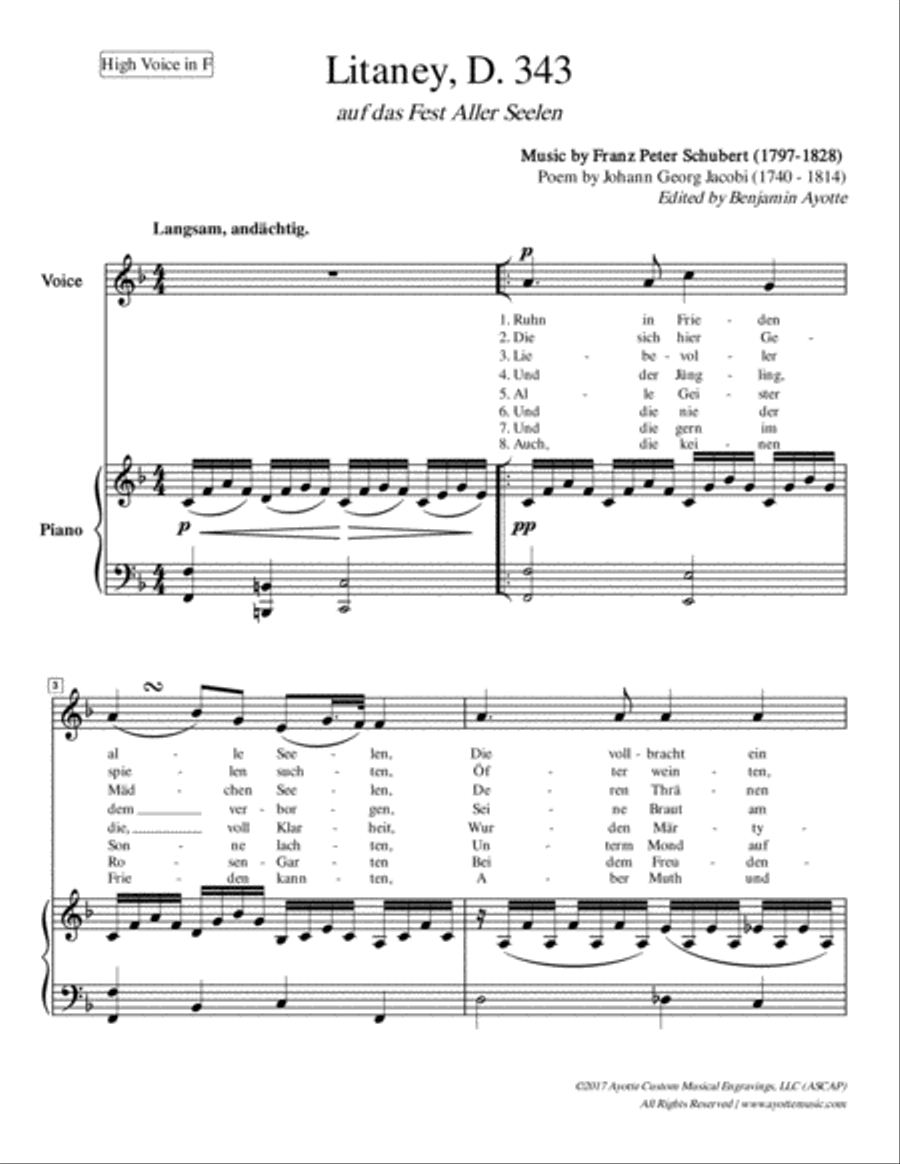 Schubert - Litanei auf das fest Allerseelen - High Voice in F High Voice scores gallery preview page 1