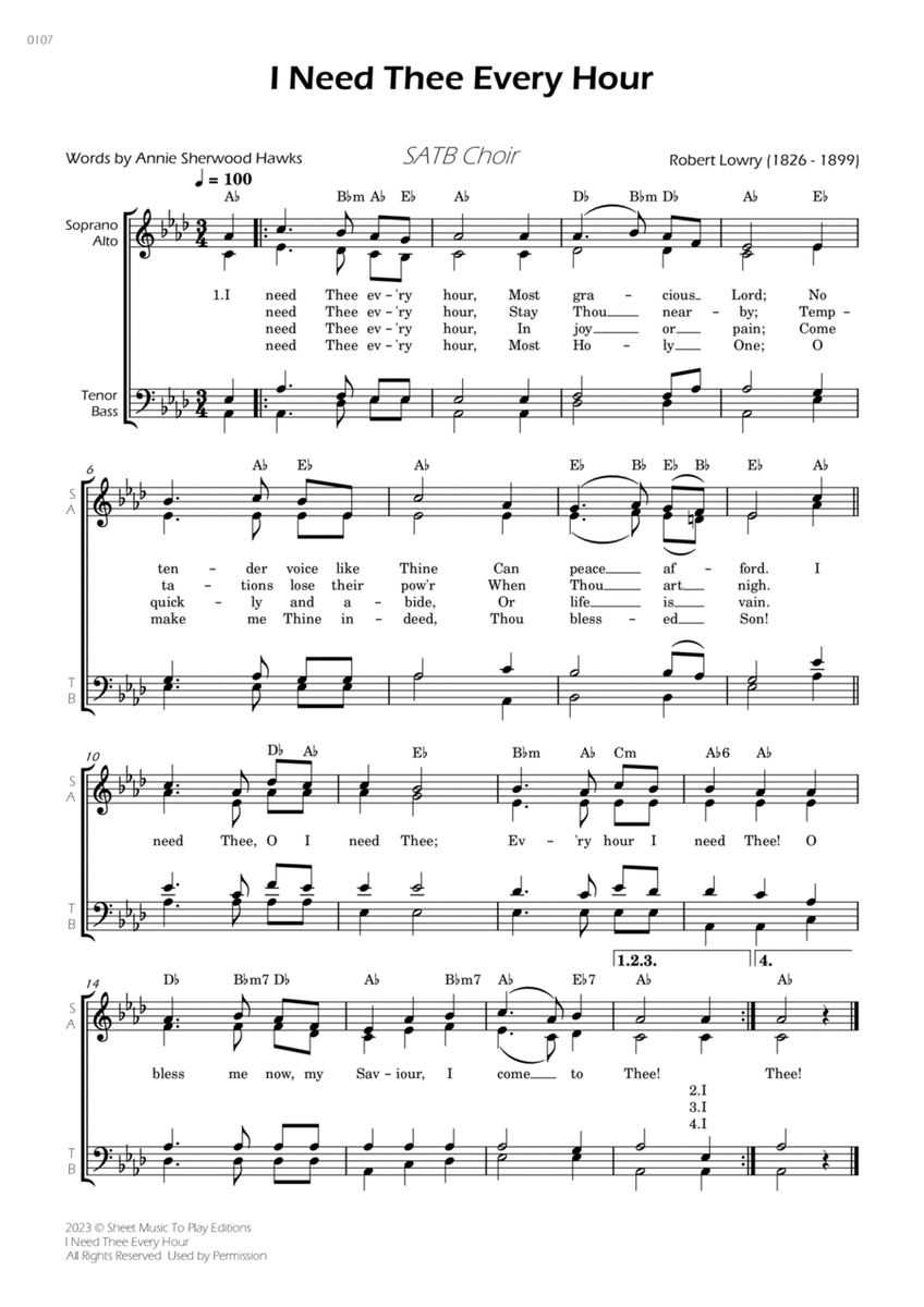 I Need Thee Every Hour - SATB Choir - W/Chords image number null