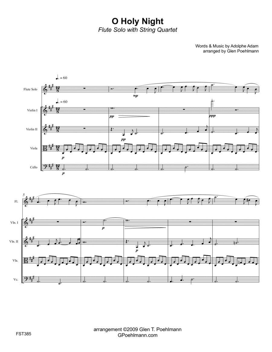 O HOLY NIGHT - FLUTE SOLO with STRING QUARTET accompaniment Chamber Orchestra scores gallery preview page 1