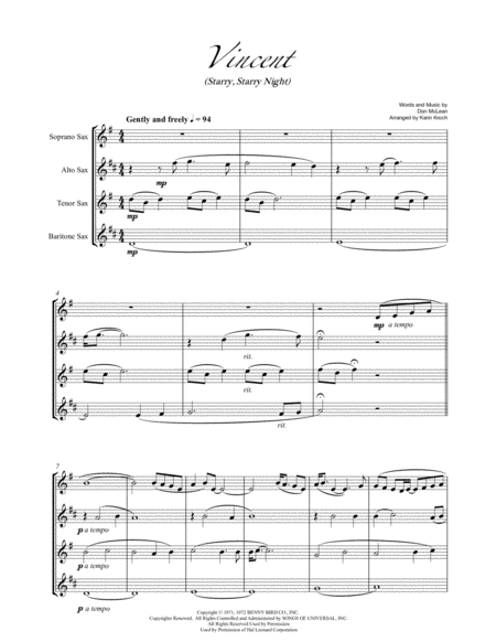 Vincent (Starry, Starry Night) for Saxophone Quartet (SATB) image number null