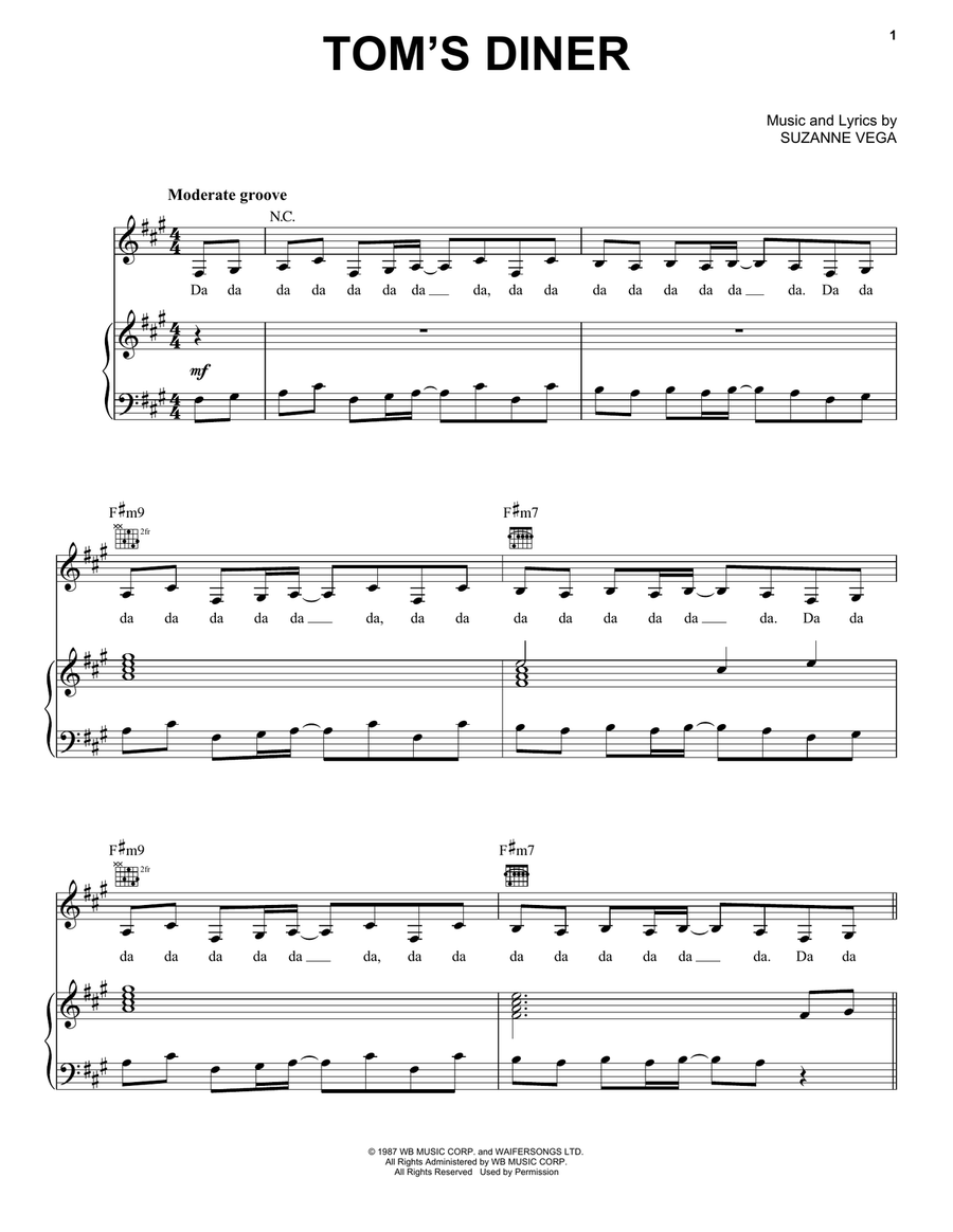 Tom's Diner Piano, Vocal, Guitar scores gallery preview page 1