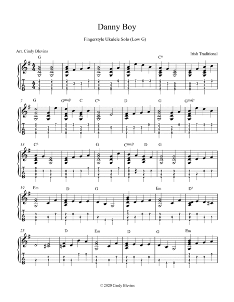 Danny Boy, Ukulele Solo, Fingerstyle, Low G Ukulele scores gallery preview page 2