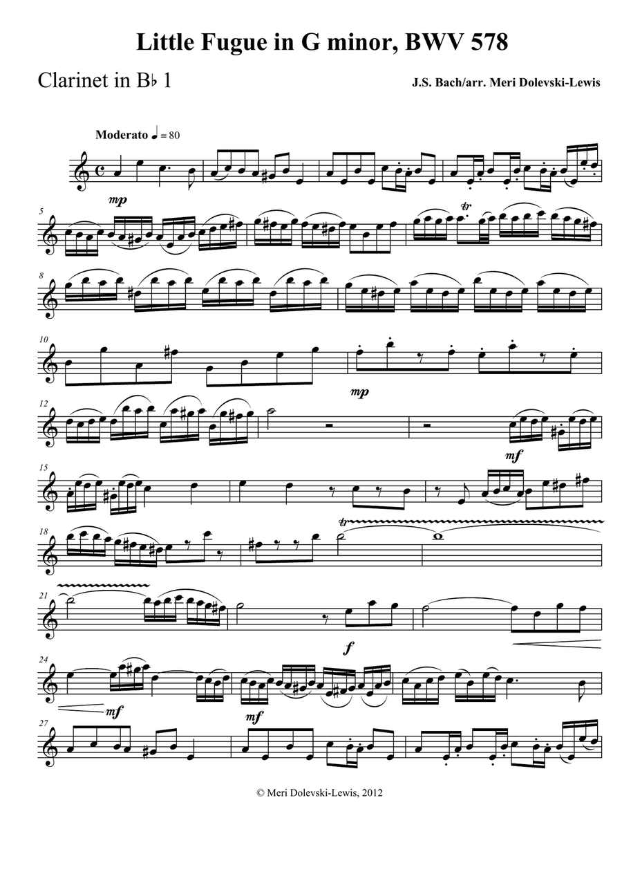 Little Fugue in G minor, BWV 578-3 Bb clarinets,bass clarinet Clarinet Quartet scores gallery preview page 1