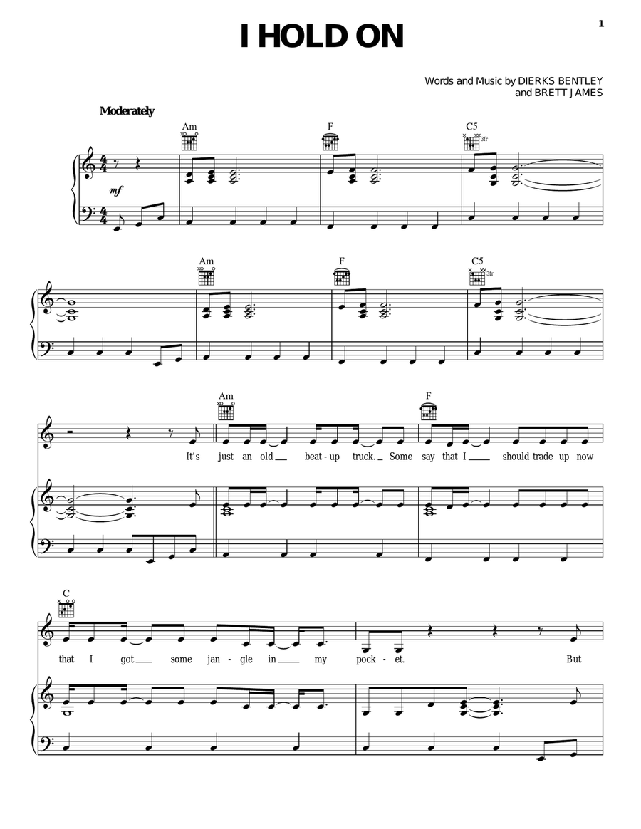 I Hold On Piano, Vocal, Guitar scores gallery preview page 1