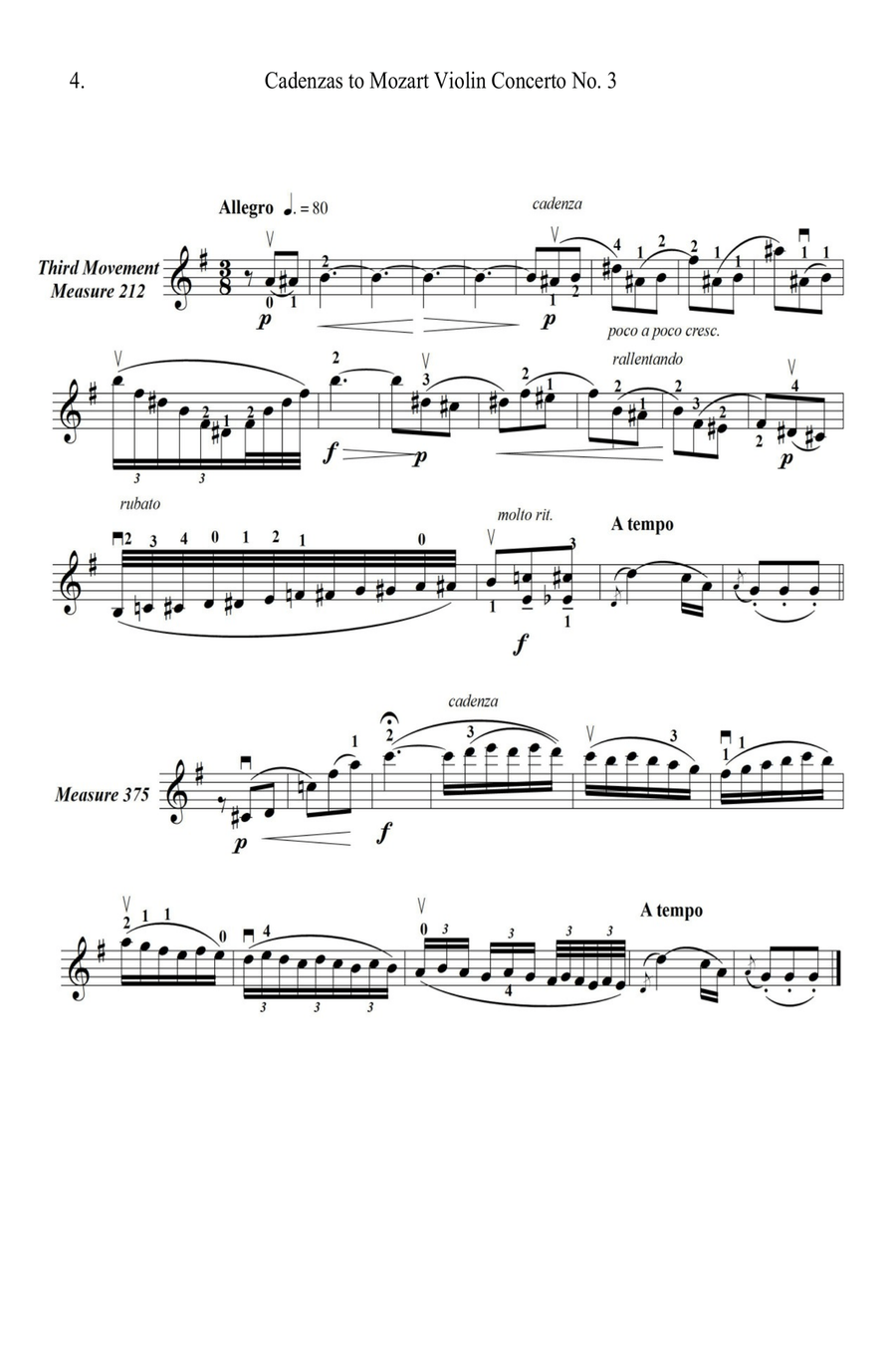 cadenzas to Mozart Violin Concerto No. 3 in G Major, K. 216 Violin Solo scores gallery preview page 6