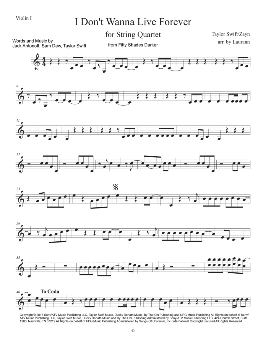 I Don't Wanna Live Forever (fifty Shades Darker) String Quartet scores gallery preview page 1