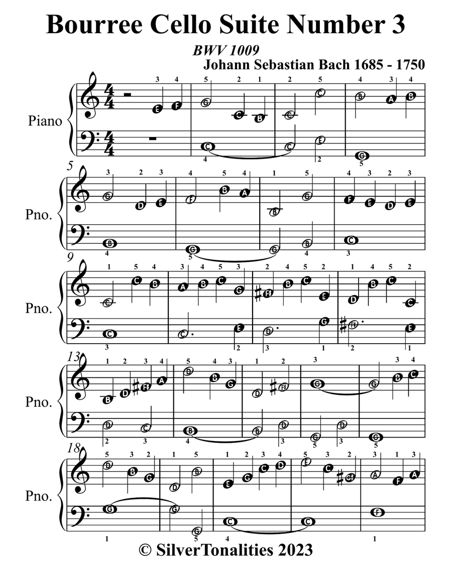 Bourree Cello Suite Number 3 BWV 1009 Easy Piano Sheet Music Cello scores gallery preview page 2