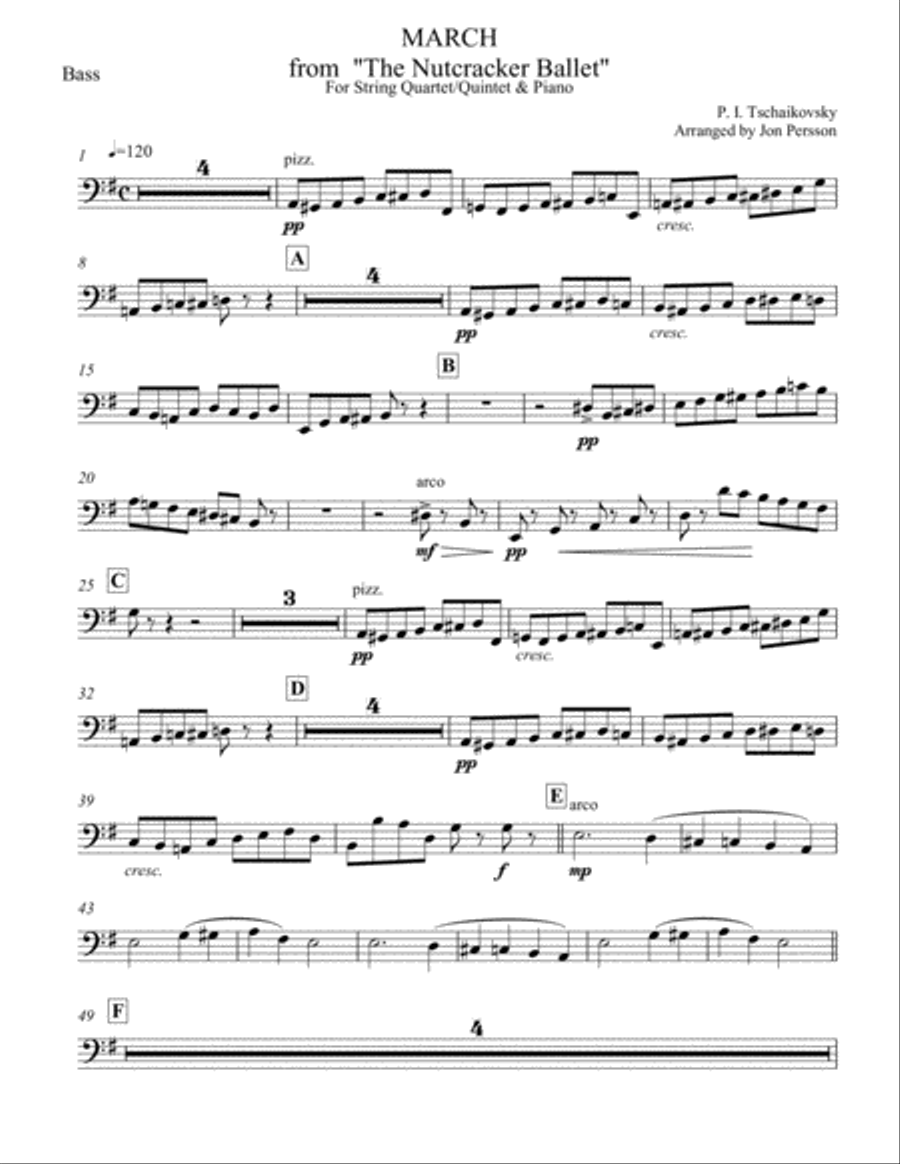 Nutcracker Ballet - March for Strings and Piano - Double Bass Part Piano Quintet scores gallery preview page 1