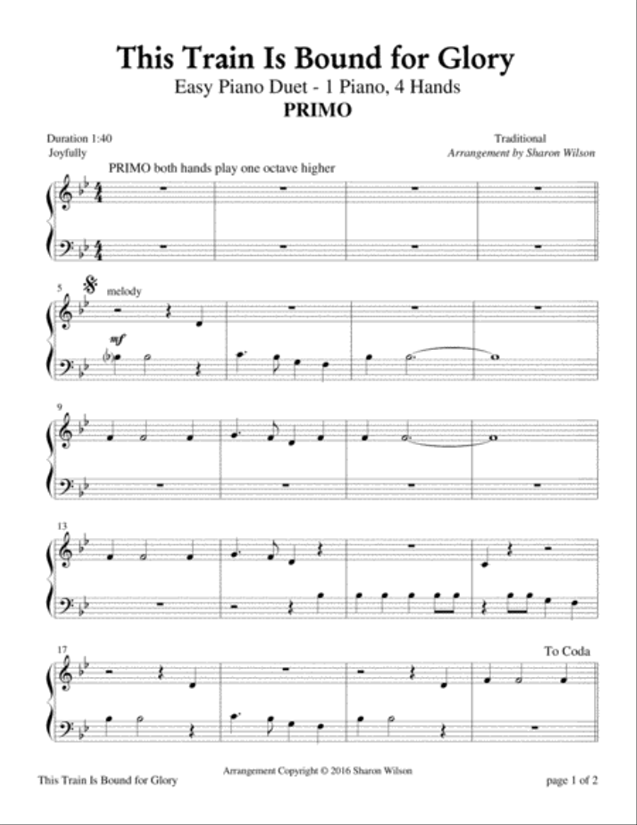 This Train Is Bound for Glory (Easy Piano Duet; 1 Piano, 4 Hands) Easy Piano scores gallery preview page 1