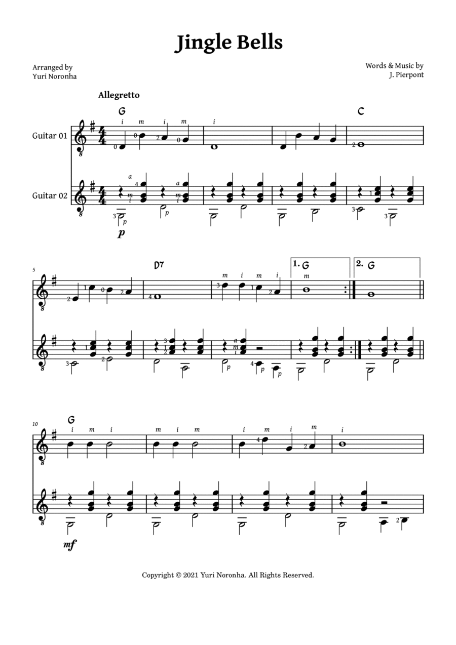 Jingle Bells - Duet for Acoustic Guitar (Very Easy - Traditional Christmas) Acoustic Guitar scores gallery preview page 1