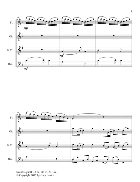 Gary Lanier: SILENT NIGHT - Woodwind Quartet (Flt, Ob, Bb Clr, Bsn - Score & Parts) image number null