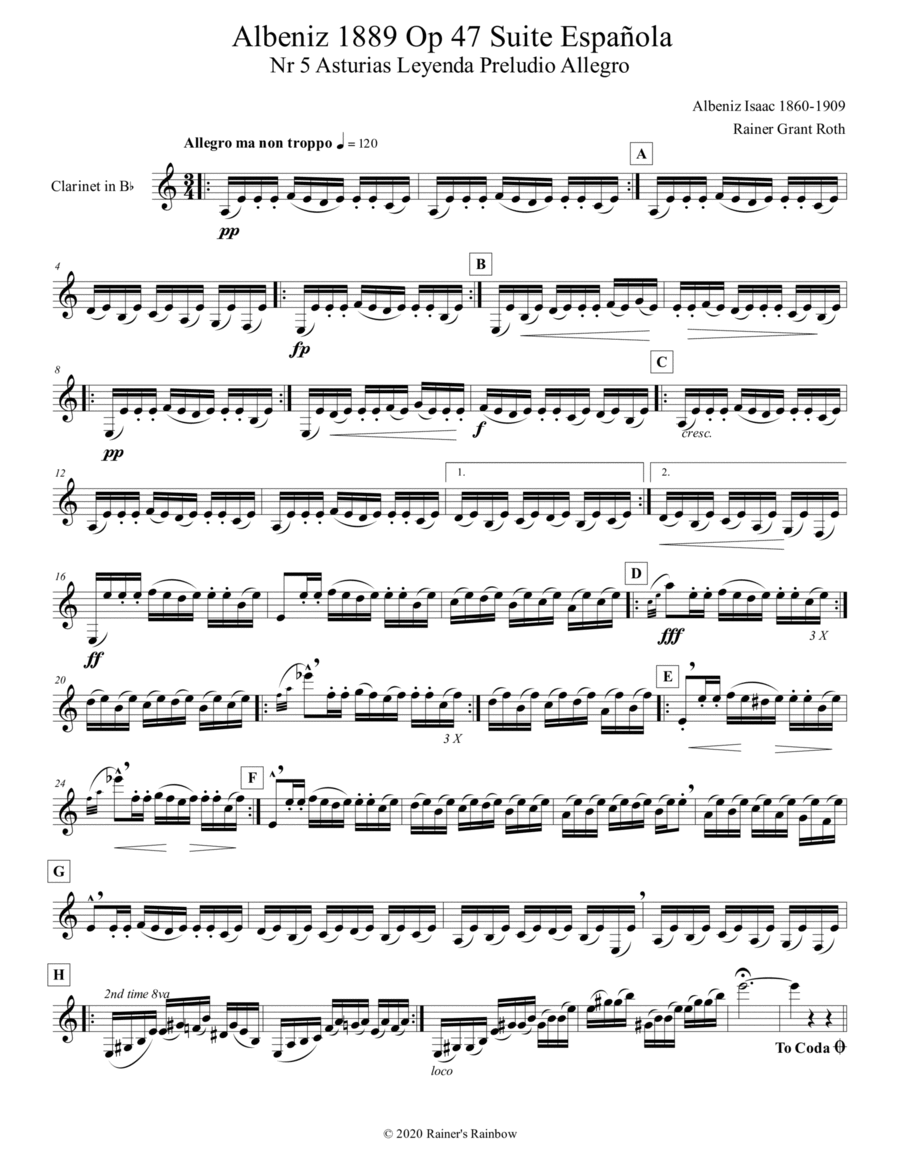 Albeniz 1889 Op 47 Suite Española Nr 5 Asturias Leyenda Preludio Allegro for Clarinet in Bb B-Flat Clarinet scores gallery preview page 1