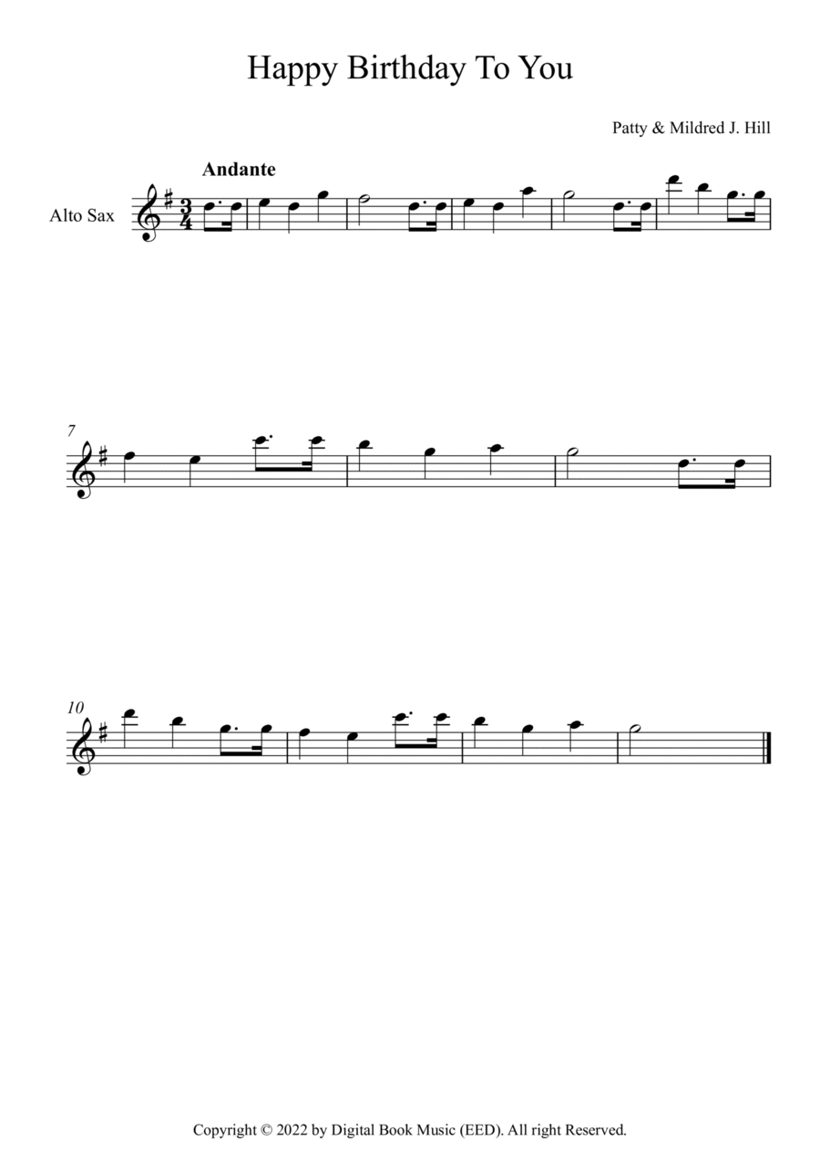 Happy Birthday To You - Patty & Mildred J. Hill (Alto Sax) Alto Saxophone scores gallery preview page 1