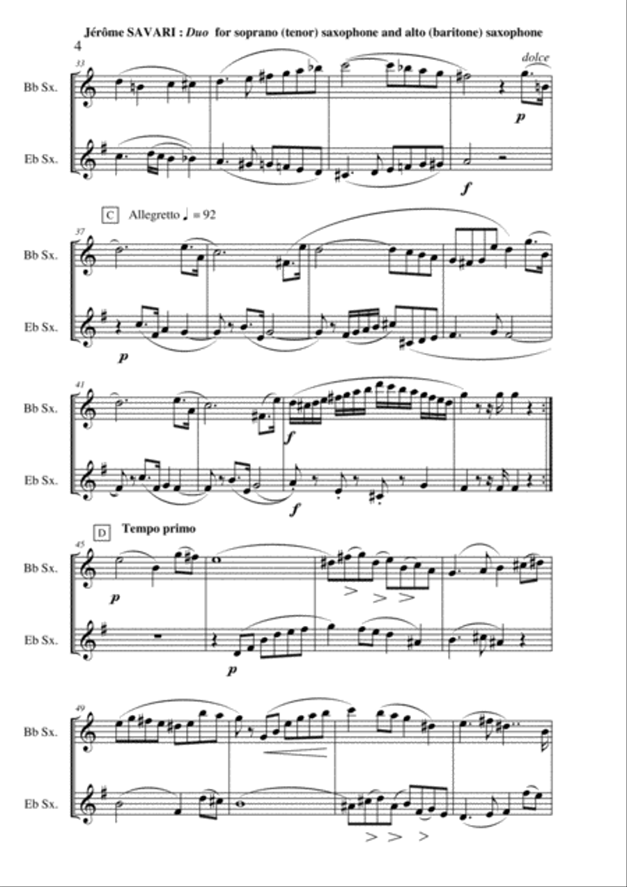 Jérôme SAVARI Duo for soprano saxophone and alto saxophone (or tenor saxophone and baritone saxophon Woodwind Duet scores gallery preview page 4